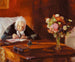 Ane Hedvig Brndum zittend aan haar bureau in de rode woonkamer - Anna Ancher — weergave van het kunstwerk