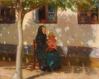 Vrouw van Skagen met kleine Helga Ancher voor een witgekalkt huis onder de zon - Anna Ancher — weergave van het kunstwerk
