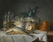 Natuurschilderij met makrelen, glaswerk, een brood en citroenen op een tafel met een witte tafelkleed - Anne Vallayer-Coster — weergave van het kunstwerk