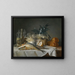 Natuurschilderij met makrelen, glaswerk, een brood en citroenen op een tafel met een witte tafelkleed - Anne Vallayer-Coster — ingelijst kunstwerk aan de muur