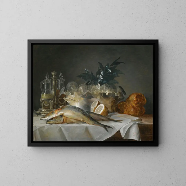 Still life with mackerels, glassware, bread, and lemons on a table with a white cloth - Anne Vallayer-Coster — framed artwork on a wall