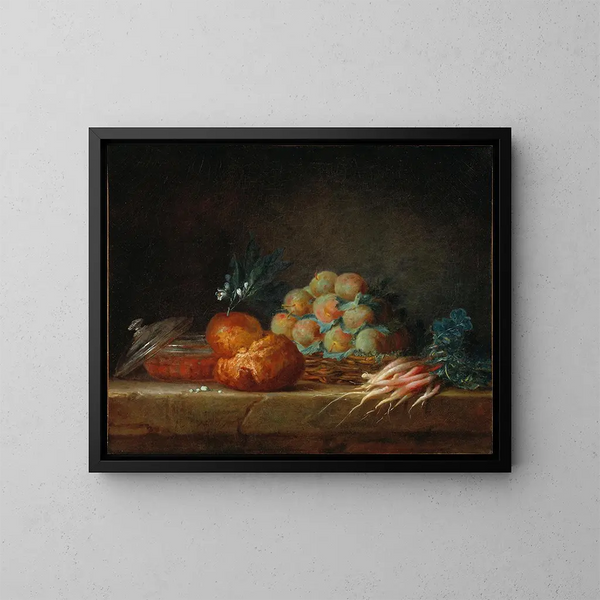 Still life with brioche, fruits, and vegetables - Anne Vallayer-Coster — framed artwork on a wall