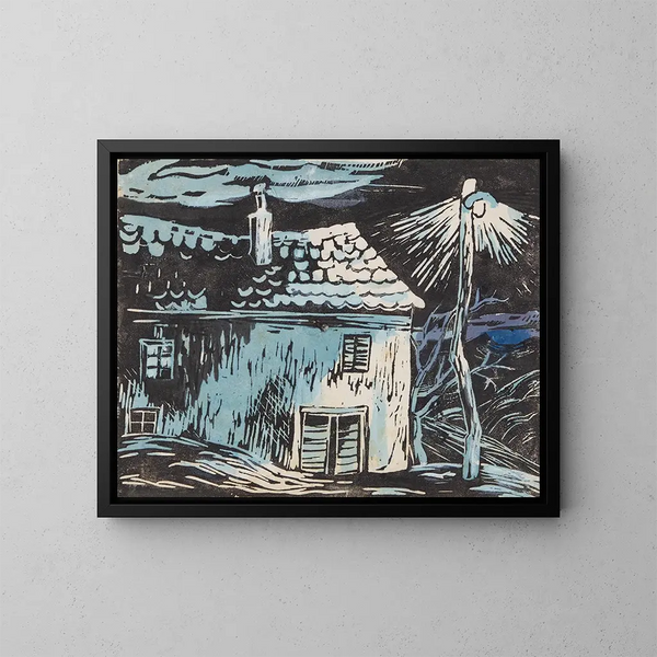 House at Night - Anny Dollschein — framed artwork on a wall