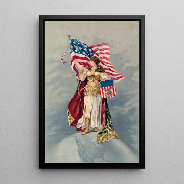 Columbia schilderij staand op de aarde, houdend een Amerikaanse vlag en een merksign - Anoniem — ingelijst kunstwerk aan de muur