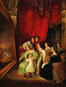De koning Ludwig I van Beieren en zijn familie bekijken samen het kunstdruk De entree van koning Otto van Griekenland in Nauplia door Peter von Hess 1835 - Anoniem — weergave van het kunstwerk