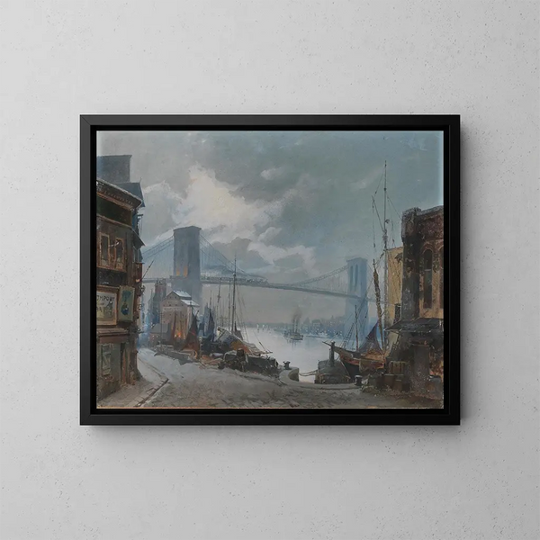 van het uitzicht op de New Yorkse scène van de Brooklyn-brug, geopend in 1883, met South Street op de voorgrond - Anoniem — ingelijst kunstwerk aan de muur