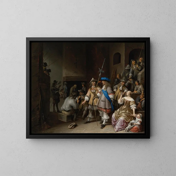 Interior of a guard room with a company of halberdiers, card players, and a woman with a child - Anthonie Palamedesz — framed artwork on a wall