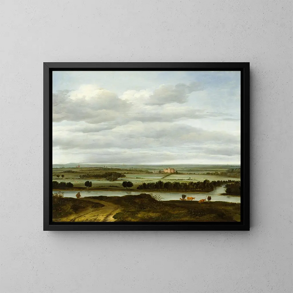 Landscape painting of a panoramic view near Rhenen with Huis ter Lede - Anthonie van Borssom — framed artwork on a wall