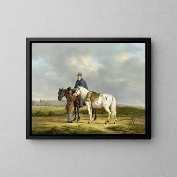Two horsemen in a landscape - Anthony Oberman — framed artwork on a wall