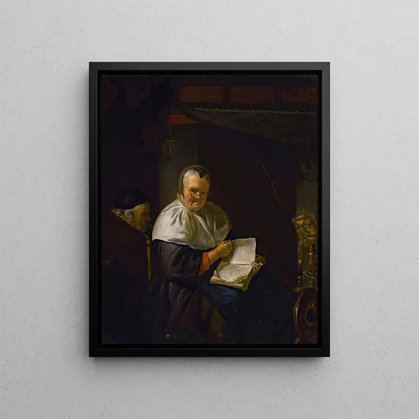 Binnenkant met een vrouw die leest naast een spinnewiel en een man die rookt - Antoine van Dyck — ingelijst kunstwerk aan de muur