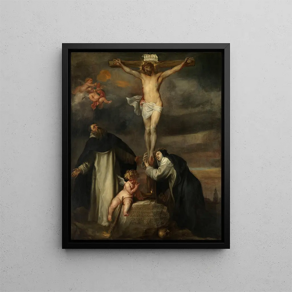 De Christus aan het kruis met Sint Catharina van Siena, Sint Dominicus en een engel - Antoine van Dyck — ingelijst kunstwerk aan de muur