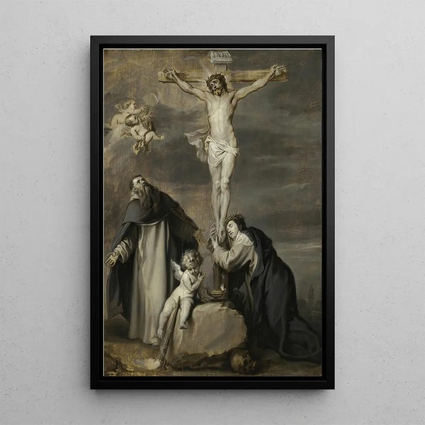 De gekruisigde Christus vereerd door de heiligen Dominicus en Catharina van Siena - Antoine van Dyck — ingelijst kunstwerk aan de muur