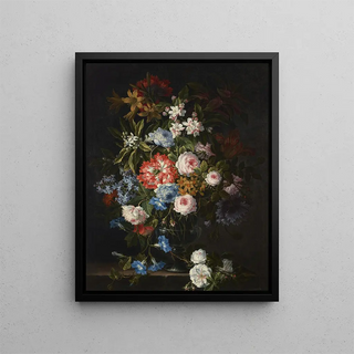 Antoine Monnoyer - Roses lilies tulips daffodils morning glories and other flowers in a glass vase on a stone ledge.webp