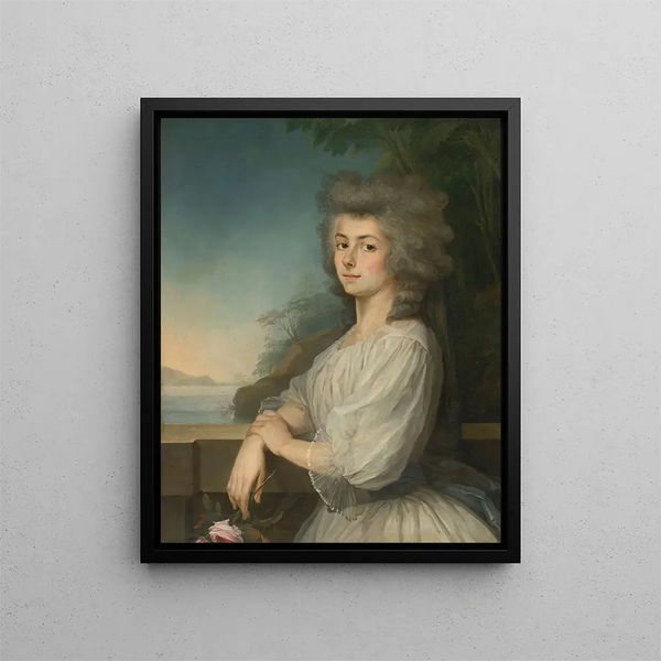 Portrait of a Woman on a Terrace A Landscape Beyond - Antoine Vestier — framed artwork on a wall