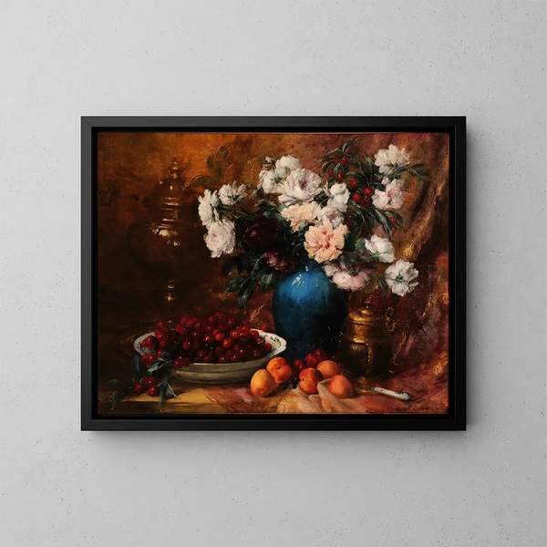 Vase of flowers and fruits - Antoine Vollon — framed artwork on a wall