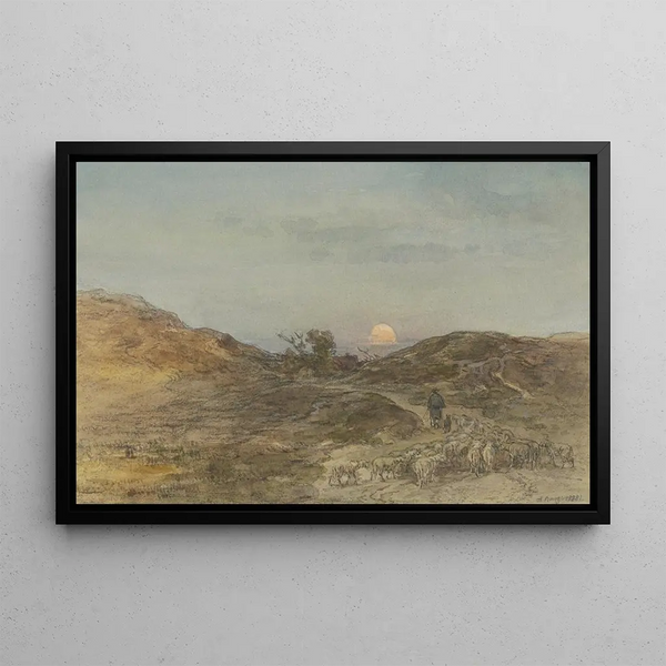 Path hollow with flock of sheep at sunset - Anton Burger — framed artwork on a wall