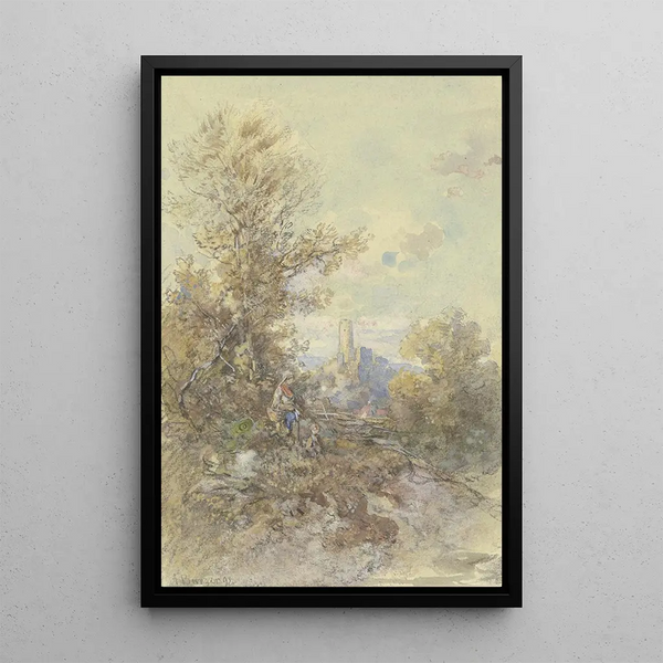 Reproduction of the painting Landscape with Peasant, Child, and the Ruin of Eppstein - Anton Burger