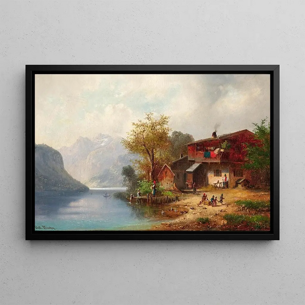 Rural idyll painting on a lake - Anton Doll — framed artwork on a wall