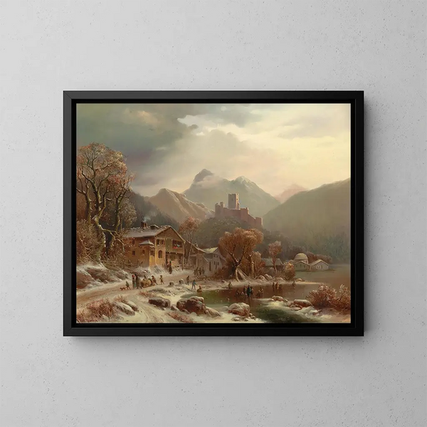 a winter idyll with a view of the ruins of Kropfsberg in Tyrol - Anton Doll — framed artwork on a wall