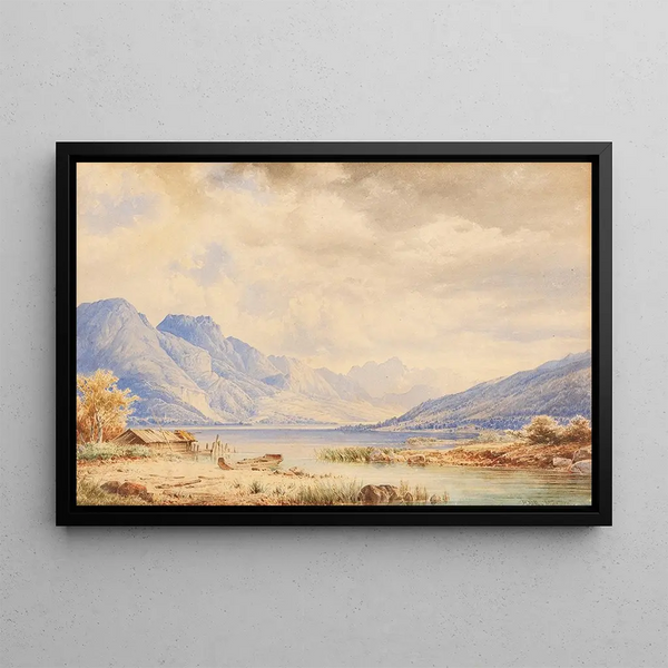 Mountain Lake with Boat Shed - Anton Doll — framed artwork on a wall