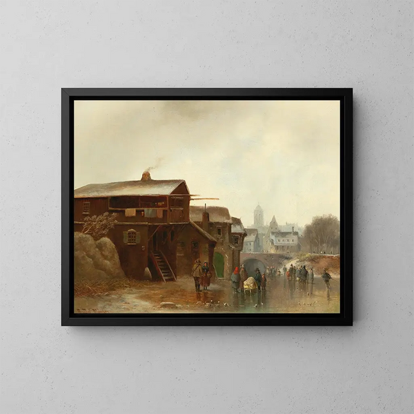Winter entertainment with a city in the background - Anton Doll — framed artwork on a wall