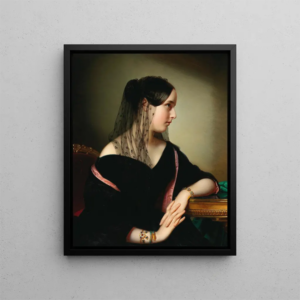 Portrait of a young woman in profile with an enameled bracelet, a serpent bracelet, and a turquoise bracelet - Anton Einsle — framed artwork on a wall