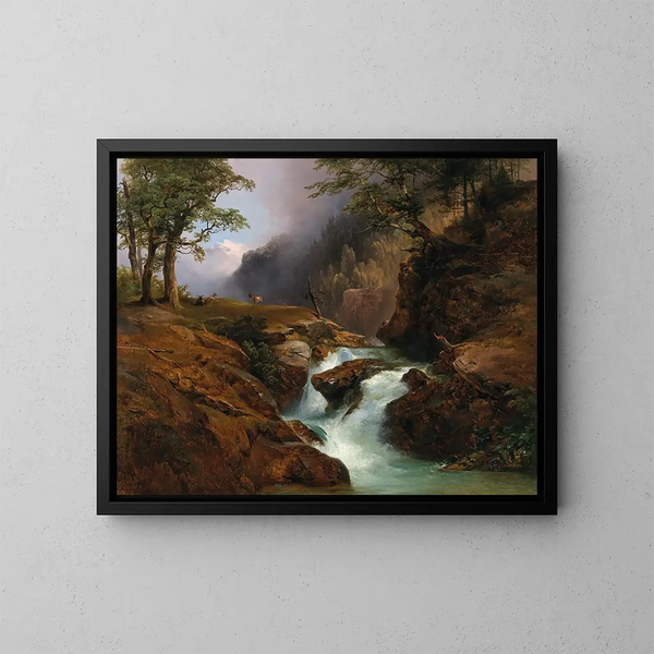 Mountain Stream Landscape Painting in Schoppernau - Anton Hansch — framed artwork on a wall