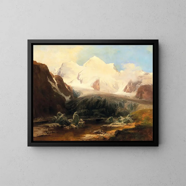 View of a mountain lake with snow-capped mountains in the background - Anton Hansch — framed artwork on a wall