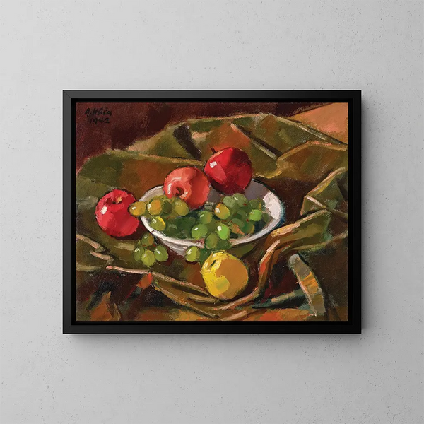 Still Life with Apples and Grapes - Anton Hula — framed artwork on a wall