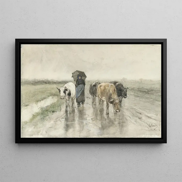 van Een herderin met koeien op een landweg onder de regen - Anton Mauve — ingelijst kunstwerk aan de muur