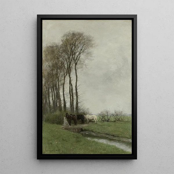 Paarden bij de hek - Anton Mauve — ingelijst kunstwerk aan de muur