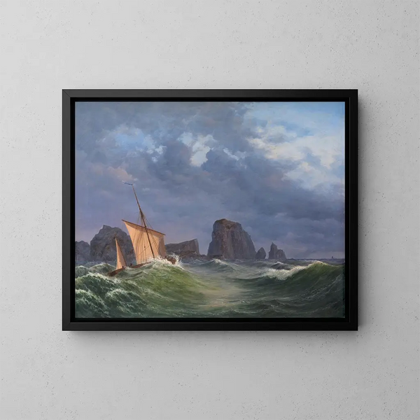 a Shetland fisherman in a storm north of the Orkney Islands - Anton Melbye — framed artwork on a wall