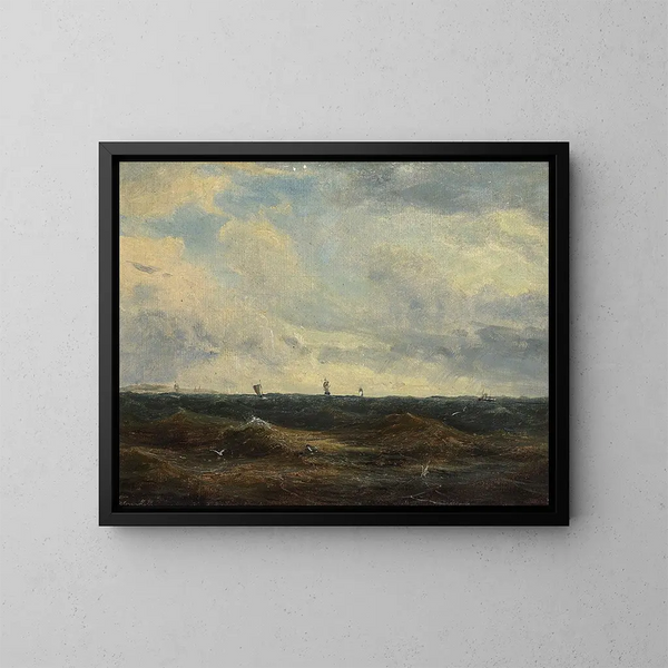 Marine painting with ships at sea - Anton Melbye — framed artwork on a wall