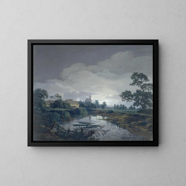 The mill at Eschersheim in moonlight - Anton Radl — framed artwork on a wall