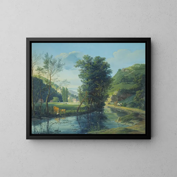 In a valley where a stream crosses several scattered houses, a team with a white horse on the left, a cow with a calf. - Anton Radl — framed artwork on a wall