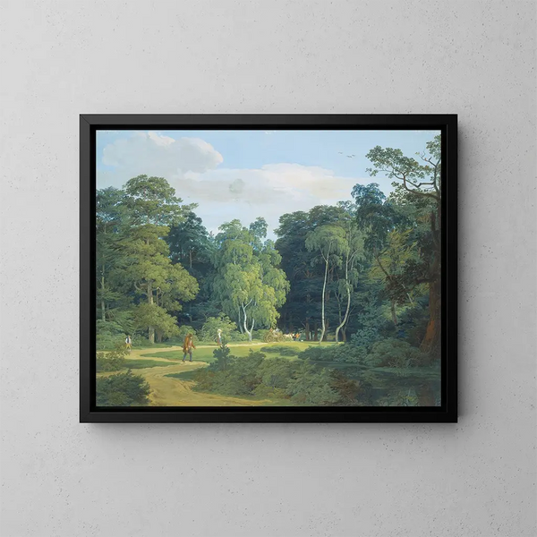 Path in the forest between birches and beech trees with several hikers and a peasant cart pulled by two white horses - Anton Radl — framed artwork on a wall