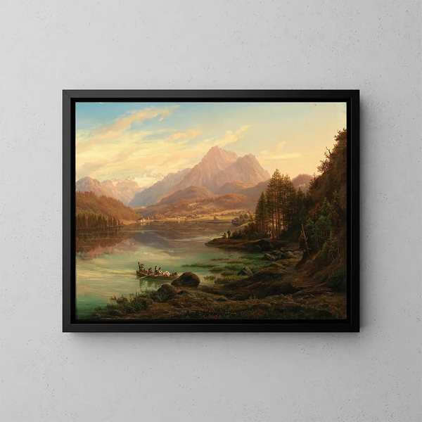View of Lake Altausseer towards Karlseisfeld at Dachstein, the high Seirrstein and the ruins of Pfluigsberg and Baron Zedlitz's house at the edge of the lake - Anton Schiffer — framed artwork on a wall
