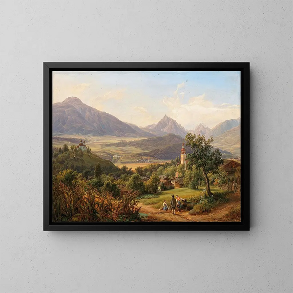 Village d'Arzl et le Calvaire d'Innsbruck avec vue sur le château d'Anna, les eaux sacrées de la Waldraster Spitze et le petit Stubayer Ferner - Anton Schiffer — framed artwork on a wall