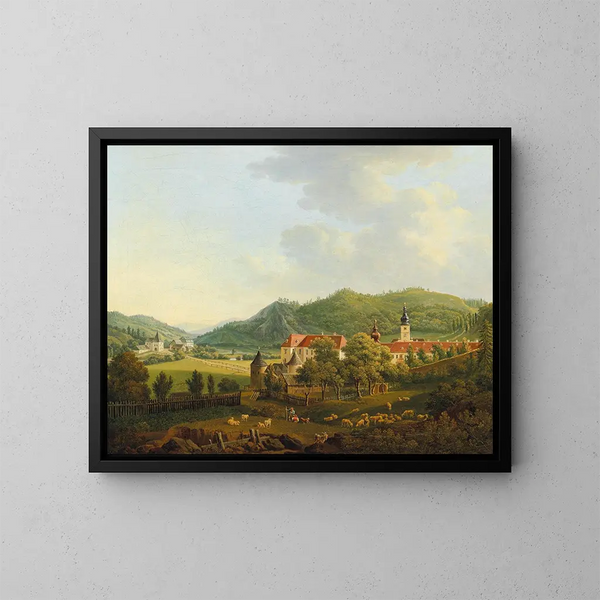 Landscape painting open with monastery - Anton Schiffer — framed artwork on a wall