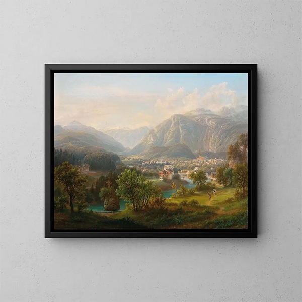 View from the new Schmolnau towards Kreuzstein on the Traun in the direction of Lauffen and Dachstein, Ischl, Upper Austria - Anton Schiffer — framed artwork on a wall