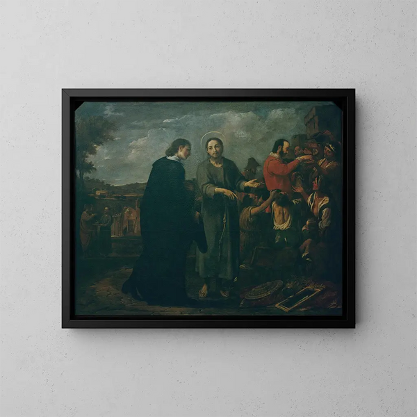 Bernat de Quintaval distributes his riches to the poor - Antoni Viladomat — framed artwork on a wall