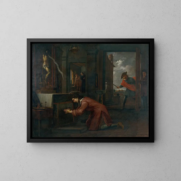 Saint François receives the order from the Crucifix to Saint-Damien to repair the house of God - Antoni Viladomat — framed artwork on a wall