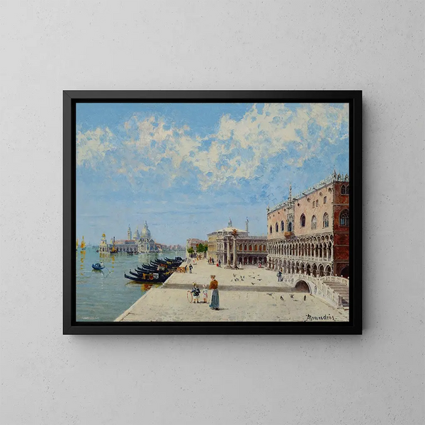 Figuren aan de Molo met de Libreria, de Punta della Dogana en Santa Maria della Salute daarachter - Antonietta Brandeis — ingelijst kunstwerk aan de muur