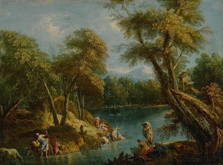 Antonio Diziani - A wooded landscape with figures and animals by a lake.webp