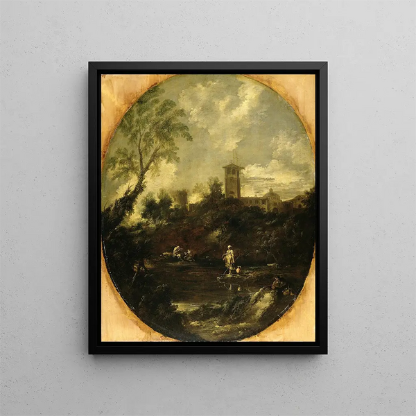 Landscape painting with pilgrim monks and a peasant woman - Antonio Francesco Peruzzini — framed artwork on a wall