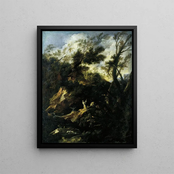Landscape with two monks praying - Antonio Francesco Peruzzini — framed artwork on a wall