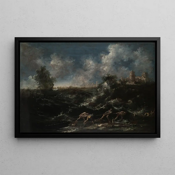Marine landscape with fisherman pulling nets - Antonio Francesco Peruzzini — framed artwork on a wall