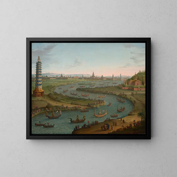 Een caprice met de ambassadeur van Frankrijk die het paleis van de koning van Siam nadert in een staatseboot in oktober 1685 - Antonio Joli — ingelijst kunstwerk aan de muur