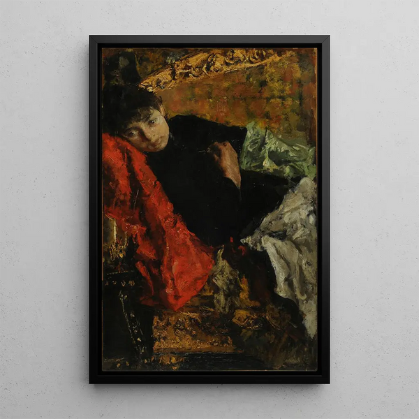 Pensive Painting - Antonio Mancini — framed artwork on a wall