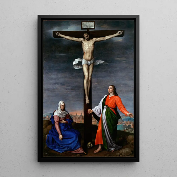 Antonis Mor - La obra muestra a Jesucristo crucificado junto a la Virgen Mara y San Juan Evangelista.webp